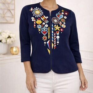 Vintage BOB MACKIE Black Jubilation Cat Heart Embroidered Zip Cardigan M